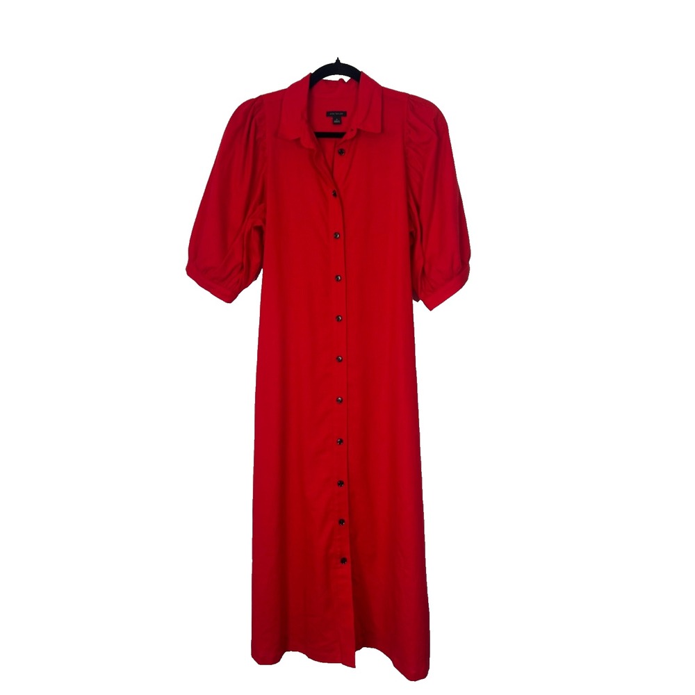 Ann Taylor Shirt Dress Size M Red Linen Blend Button Front Puff Sleeve Belted